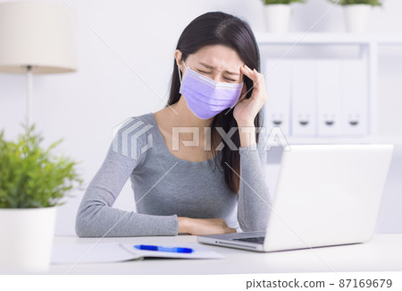 Stressed young  woman wearing medical face mask 87169679