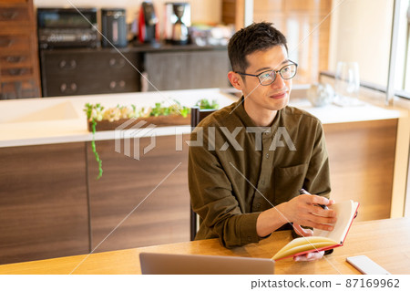 一位企業家準備想像未來的願景並在筆記本上寫下腦海中浮現的圖像 一位企業家準備想像未來的願景並在筆記本上寫下腦海中浮現的圖像 87169962