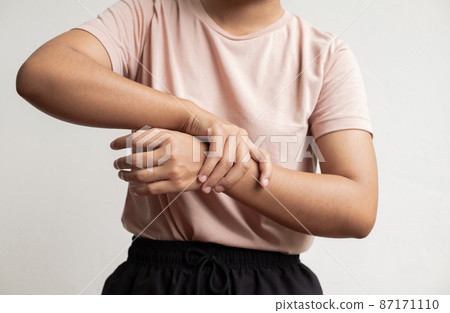 woman hand with numbness and pain in the wrist has pain and tingling in the nerve endings. which is a side effect of Guillain-Barre Syndrome after vaccination against COVID-19 87171110