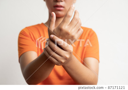 Woman hand with numbness and pain in the palm of the hand has pain and tingling in the nerve endings. which is a side effect of Guillain-Barre Syndrome after vaccination against COVID-19 87171121