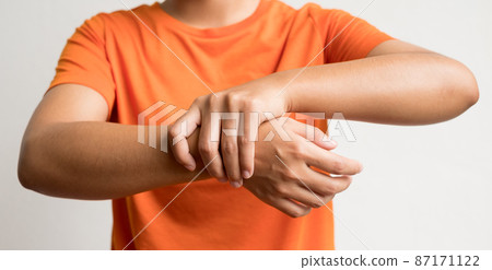 woman hand with numbness and pain in the wrist has pain and tingling in the nerve endings. which is a side effect of Guillain-Barre Syndrome after vaccination against COVID-19 woman hand with numbness and pain in the wrist has pain and tingling in the nerve endings. which is a side effect of Guillain-Barre Syndrome after vaccination against COVID-19 87171122