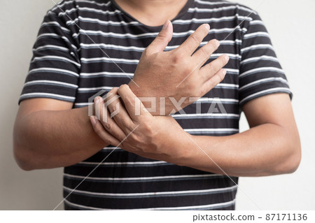 man hand with numbness and pain in the wrist has pain and tingling in the nerve endings. which is a side effect of Guillain-Barre Syndrome after vaccination against COVID-19 man hand with numbness and pain in the wrist has pain and tingling in the nerve endings. which is a side effect of Guillain-Barre Syndrome after vaccination against COVID-19 87171136