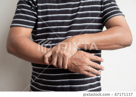 man hand with numbness and pain in the wrist has pain and tingling in the nerve endings. which is a side effect of Guillain-Barre Syndrome after vaccination against COVID-19 man hand with numbness and pain in the wrist has pain and tingling in the nerve endings. which is a side effect of Guillain-Barre Syndrome after vaccination against COVID-19 87171137