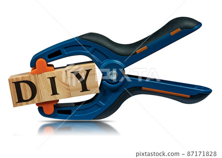 Spring Clamp and Text Diy made of Wooden Blocks isolated on white Spring Clamp and Text Diy made of Wooden Blocks isolated on white 87171828