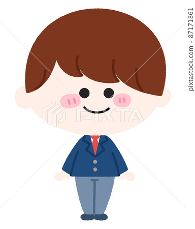 一個穿著制服的可愛男孩帶著微笑的插圖。帶褲子的版本。 一個穿著制服的可愛男孩帶著微笑的插圖。帶褲子的版本。 87171861