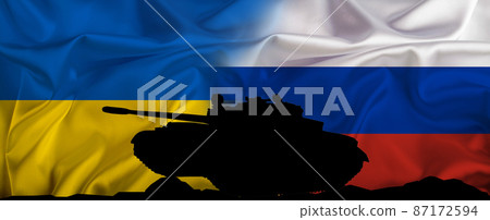 Military conflict between Russia and Ukraine. Both flags and russian tank as concept 87172594