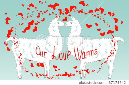 Two lovers kissing llamas surrounded by hearts. Love in the air, postcard to the day of Saint Valentine. Two lovers kissing llamas surrounded by hearts. Love in the air, postcard to the day of Saint Valentine. 87173342