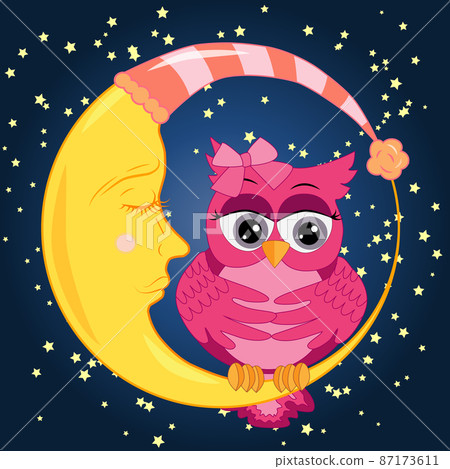 A sad lonely pink cartoon owl with a bow can not sleep at night, sitting on a sleeping moon among the stars. Concept of insomnia 87173611