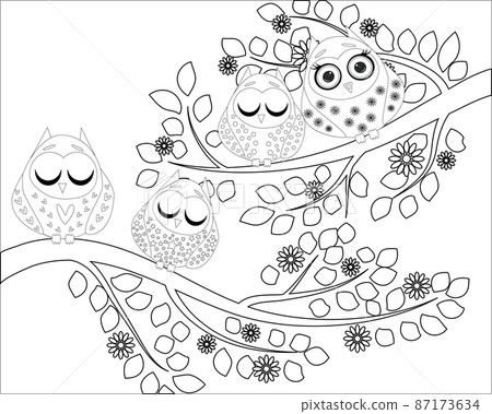 Coloring book for adult and older children. Coloring page with cute owl and floral. Coloring book for adult and older children. Coloring page with cute owl and floral. 87173634
