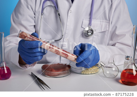 Doctor Takes GMO Meat in Test-Tube - Lab Photo Doctor Takes GMO Meat in Test-Tube - Lab Photo 87175228