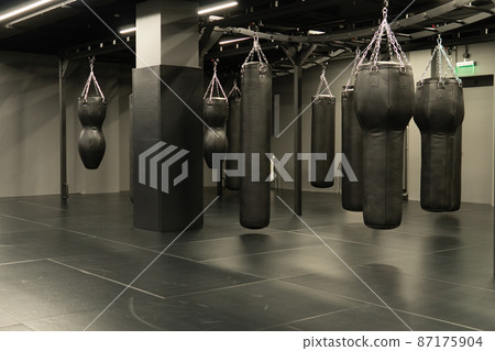 bag punching boxing training exercise, for competition kick for punch for bags impact, red club. Ring activity dark, 87175904