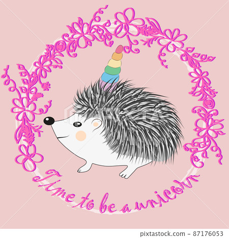 A cute cartoon hedgehog with a unicorn horn. Concept everyone can be a unicorn. A cute cartoon hedgehog with a unicorn horn. Concept everyone can be a unicorn. 87176053