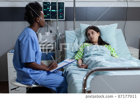 Nurse sitting at patient bedside writing on clipboard with medical chart during daily visit consulting woman Nurse sitting at patient bedside writing on clipboard with medical chart during daily visit consulting woman 87177011