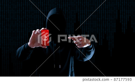 Cyber security hacker smartphone. Internet web hack technology. Digital mobile phone in hacker man hand isolated on black banner. Data protection, secured internet access, cybersecurity. 87177593