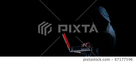 Cyber hacker attack concept. Internet web hack technology. Blurred Digital laptop in hacker man hand isolated on black with glitch effect. Information security terms cybersecurity banner. Cyber hacker attack concept. Internet web hack technology. Blurred Digital laptop in hacker man hand isolated on black with glitch effect. Information security terms cybersecurity banner. 87177596