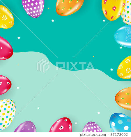 Easter poster template with 3d realistic Easter eggs. Template for advertising, poster, flyer, greeting card. Vector Illustration Easter poster template with 3d realistic Easter eggs. Template for advertising, poster, flyer, greeting card. Vector Illustration 87178002