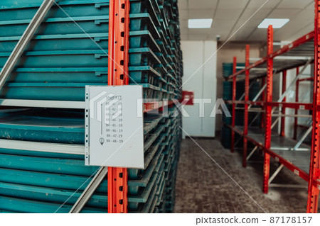 Gold mining storage rock core samples geology drilling industy. Large ore warehouse in modern industry, ores stacked in boxes. Selective focus  87178157