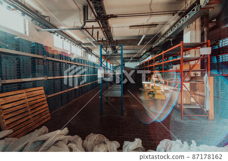 Gold mining storage rock core samples geology drilling industy. Large ore warehouse in modern industry, ores stacked in boxes. Selective focus  87178162