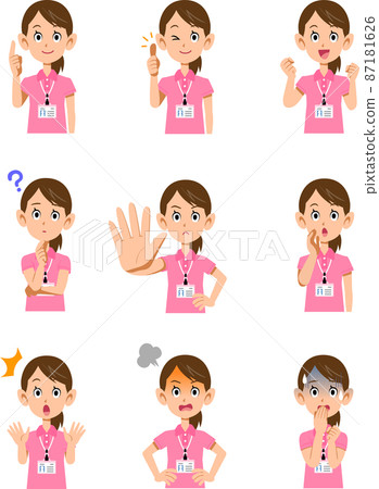 身穿粉色短袖polo衫並佩戴名牌的女工作人員上身9種不同姿勢和表情1 身穿粉色短袖polo衫並佩戴名牌的女工作人員上身9種不同姿勢和表情1 87181626