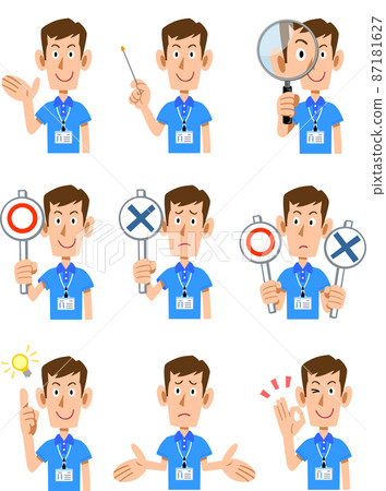 男性工作人員穿著短袖polo衫和姓名牌的九種上身姿勢和麵部表情2 87181627