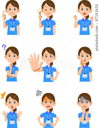 穿著短袖polo衫和名牌的女工作人員上身9種不同姿勢和表情1 穿著短袖polo衫和名牌的女工作人員上身9種不同姿勢和表情1 87181628