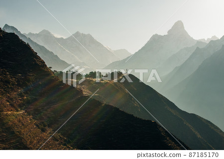 panorama view of Mount Everest massif Nuptse, Lhotse and Ama Dablam from Namche Bazar, Himalayas, Nepal. 87185170