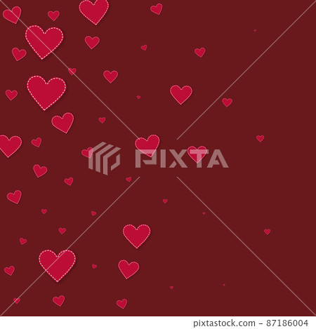 Red heart love confettis. Valentine's day gradient positive background. Falling stitched paper hearts confetti on maroon background. Excellent vector illustration. 87186004