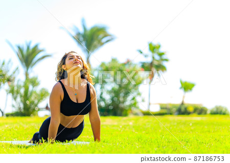 Yoga outdoors - woman doing yoga in summer green park at sunny day Yoga outdoors - woman doing yoga in summer green park at sunny day 87186753