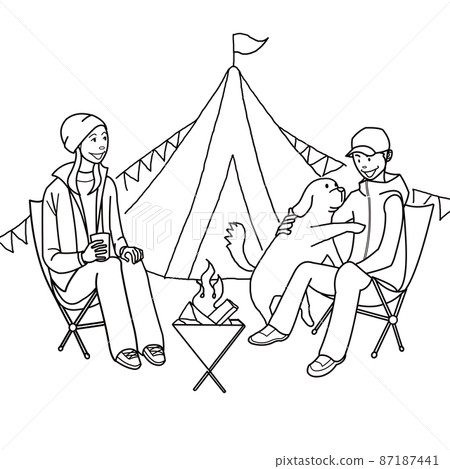 Couple playing with a dog in the camp Couple playing with a dog in the camp 87187441