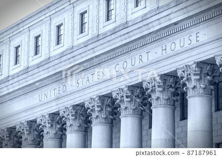 United States Court House. Courthouse facade with columns, lower Manhattan, New York USA. Blue tone United States Court House. Courthouse facade with columns, lower Manhattan, New York USA. Blue tone 87187961