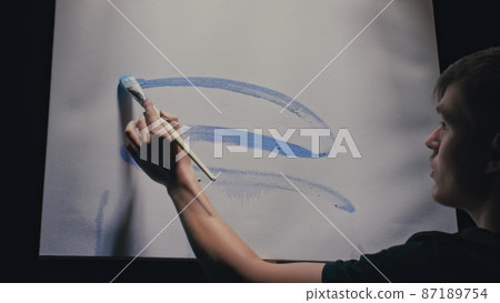 Artist copyist paint seascape with ship in ocean. Craftsman decorator draw as boat sail on blue sea with acrylic oil color. Draw brush, knife palette. Artist copyist paint seascape with ship in ocean. Craftsman decorator draw as boat sail on blue sea with acrylic oil color. Draw brush, knife palette. 87189754