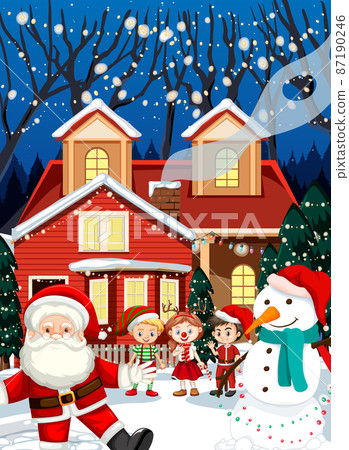Christmas winter scene with Santa Claus and children Christmas winter scene with Santa Claus and children 87190246
