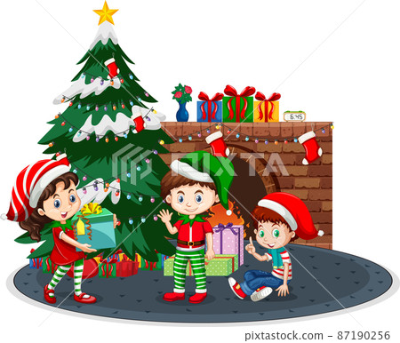 Happy children celebrating Christmas on white background Happy children celebrating Christmas on white background 87190256