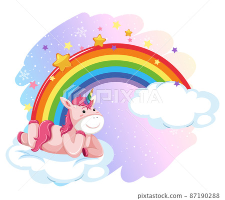 Pink unicorn lying on a cloud with rainbow in cartoon style Pink unicorn lying on a cloud with rainbow in cartoon style 87190288