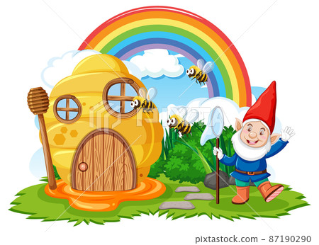 Fantasy honey comb with rainbow in the sky Fantasy honey comb with rainbow in the sky 87190290