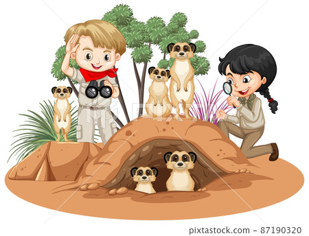 Isolated savanna forest with explorer kids and meerkat 87190320