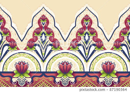 Pink Flower on Ivory Beige, Green, Navy Blue Geometric ethnic oriental pattern traditional Design for background,carpet,wallpaper,clothing,wrapping,Batik,fabric, vector illustration embroidery style 87190364