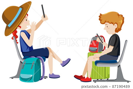 Two travellers sitting and using mobile phone 87190489
