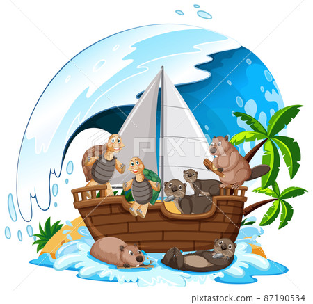Wild animals on sailboat with ocean wave Wild animals on sailboat with ocean wave 87190534
