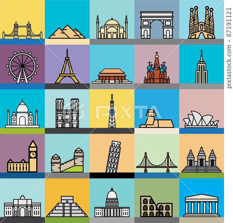 Outline simplicity drawing of world's landmark front elevation view. 87191121