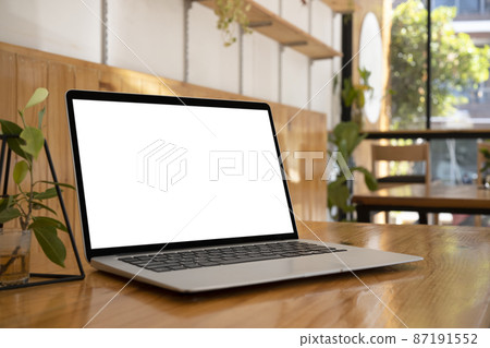 Computer laptop and potted plant on wooden table. Blank screen for advertise. Computer laptop and potted plant on wooden table. Blank screen for advertise. 87191552