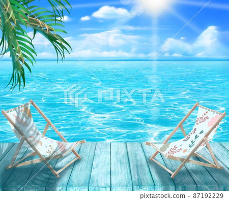 夏日陽光普照的藍天下木甲板上，躺椅和棕櫚樹的美麗框架材料和波光粼粼的海浪 87192229