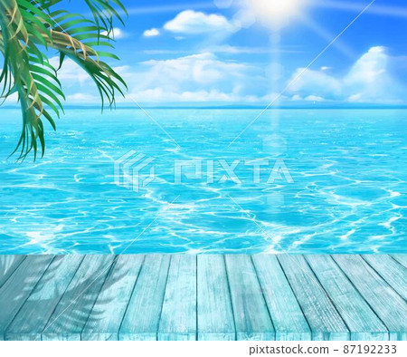 Beautiful frame material of wood deck and palm trees and shimmering waves of the sea under the blue sky with clouds shining in the summer sun 87192233