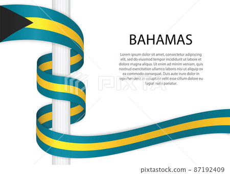 Waving ribbon on pole with flag of Bahamas. Template for indepen 87192409