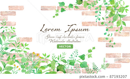 Decorative frame of green flowers and bricks. Watercolor illustration. (Vector. Layout can be changed) Decorative frame of green flowers and bricks. Watercolor illustration. (Vector. Layout can be changed) 87193207