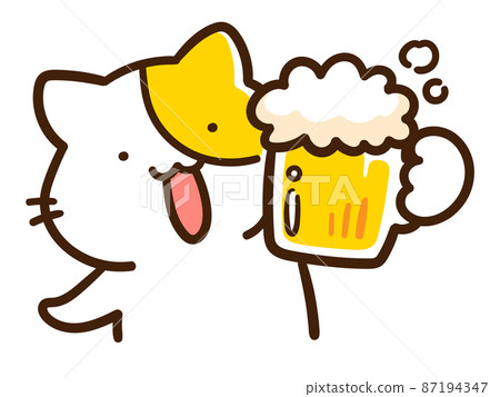 Handwritten style illustration of a cute cat character toasting with a beer mug 87194347