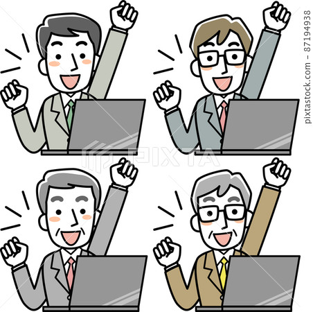 Upper body set of a businessman who looks at a PC and pushes his fist up Upper body set of a businessman who looks at a PC and pushes his fist up 87194938