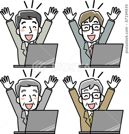 Upper body set of a businessman who looks at a PC and does a banzai Upper body set of a businessman who looks at a PC and does a banzai 87194939