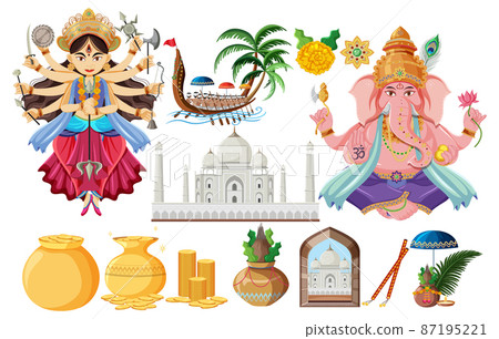 Indian set with gods and offerings 87195221