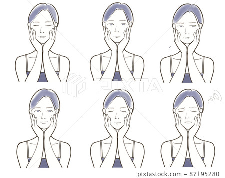Simple female illustration set with a real face that puts your hand on your cheek Simple female illustration set with a real face that puts your hand on your cheek 87195280